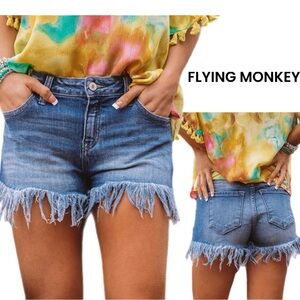 Flying Monkey Long Fray Hem Fringed Distressed Jean Shorts Size 25 100% Cotton